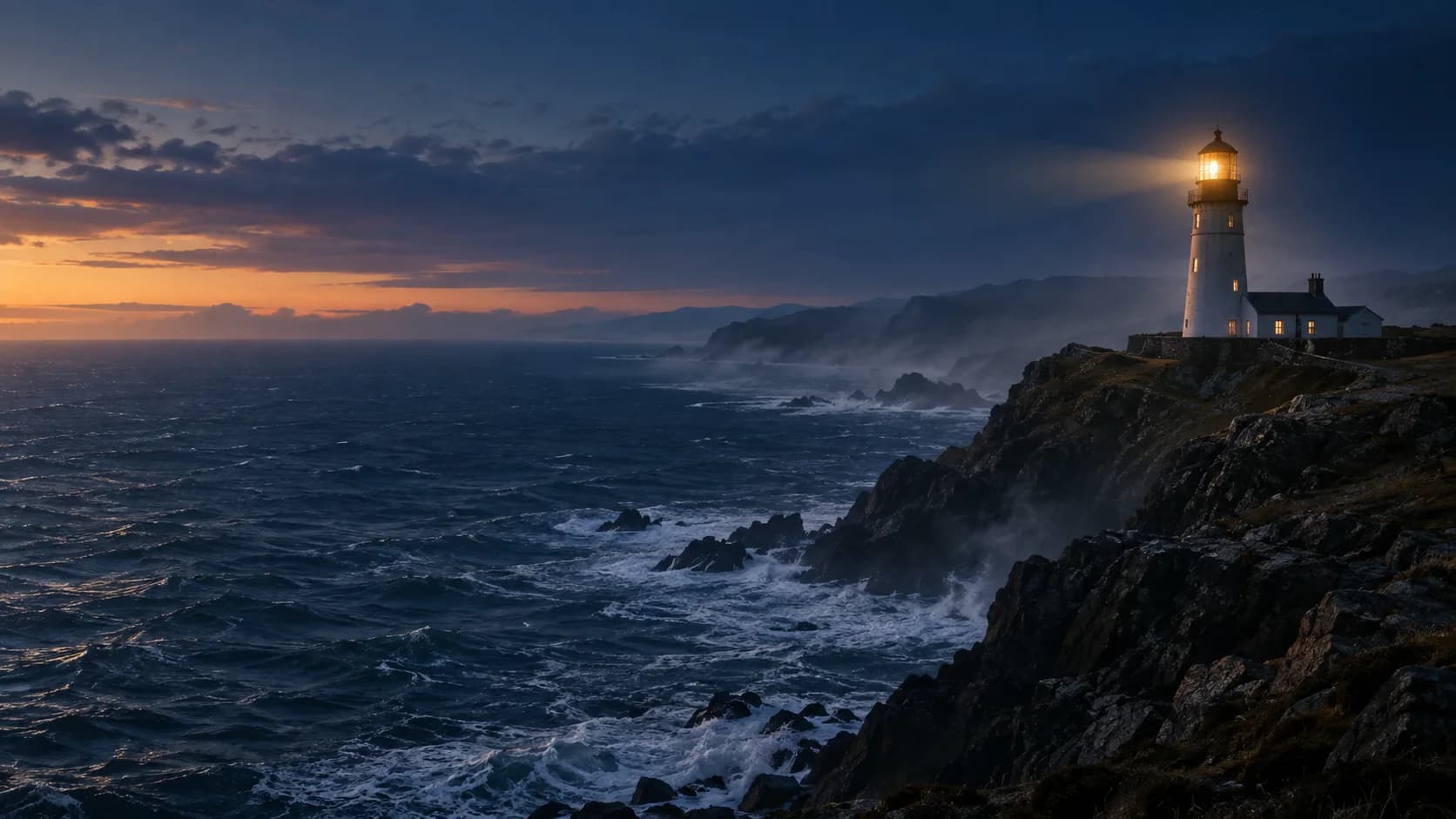 KI-generiertes Symbolbild: Ein Leuchtturm über dem Meer in der Abenddämmerung.