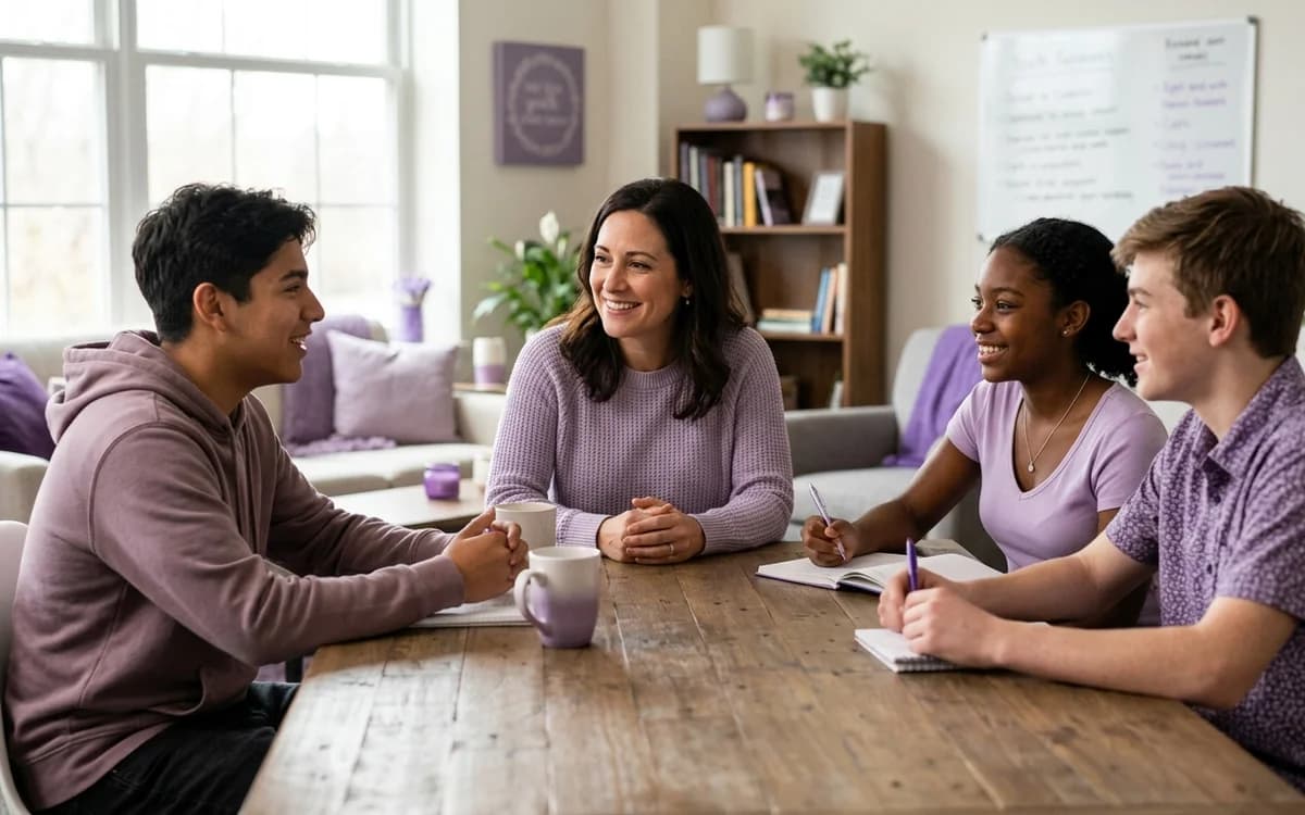 Jóvenes y asesora en una conversación de confianza